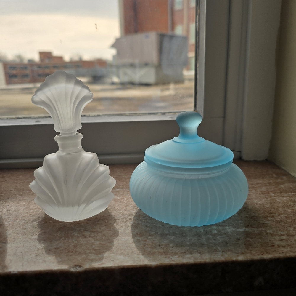Vintage Frosted Glass Jar And Perfume Bottle